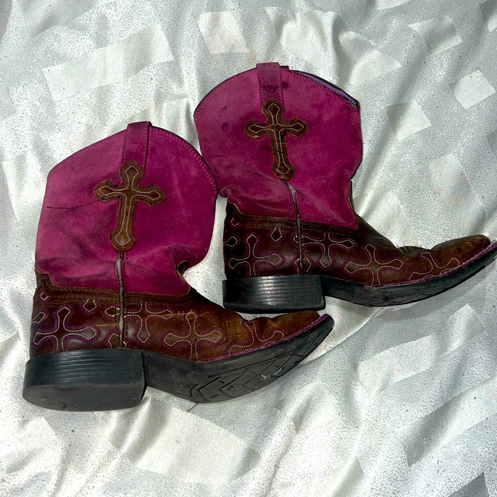 Ariat Little Girls Leather Leopard Cross Square Toe Boots Brown Teal Size 1